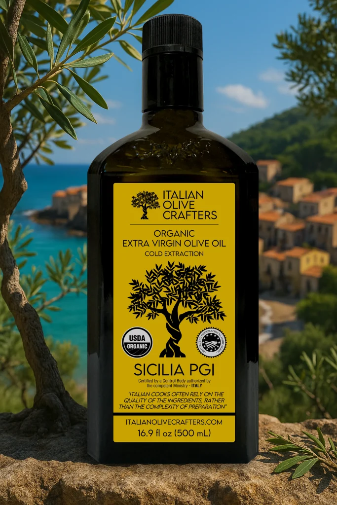 Decorative Image that shows the Bottle of Olive oil next to a Sicilian Seaside Town