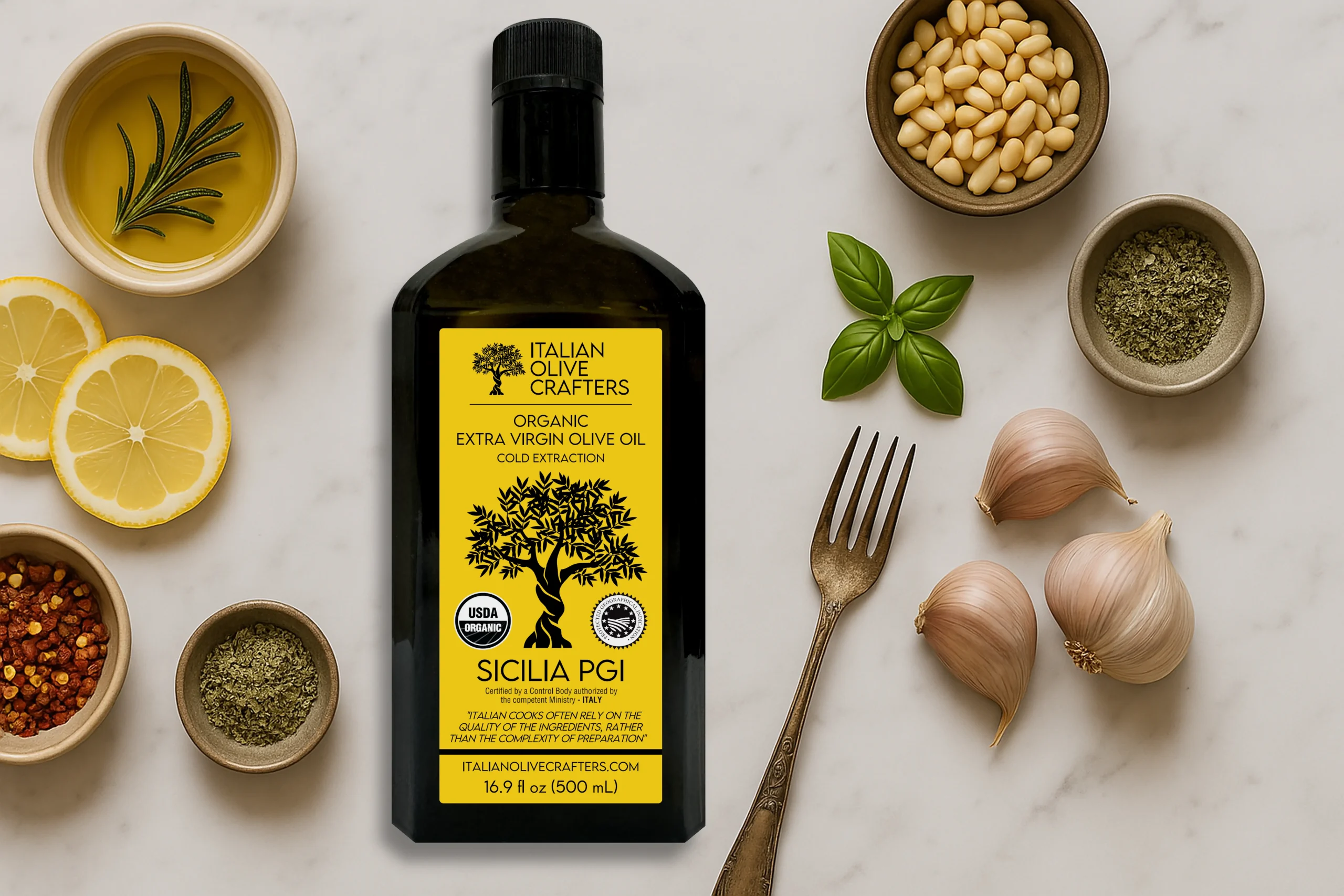 Decorative Image that shows the Bottle of Olive oil on a marble table.