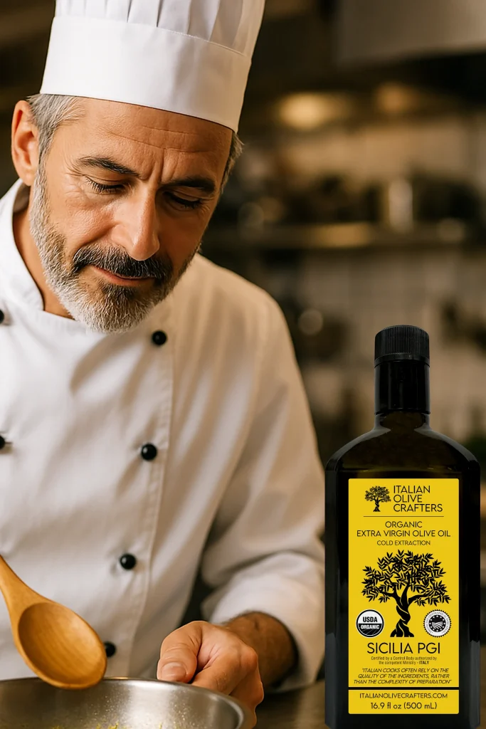 Decorative Image that shows the Bottle of Olive oil next to an Italian Chef