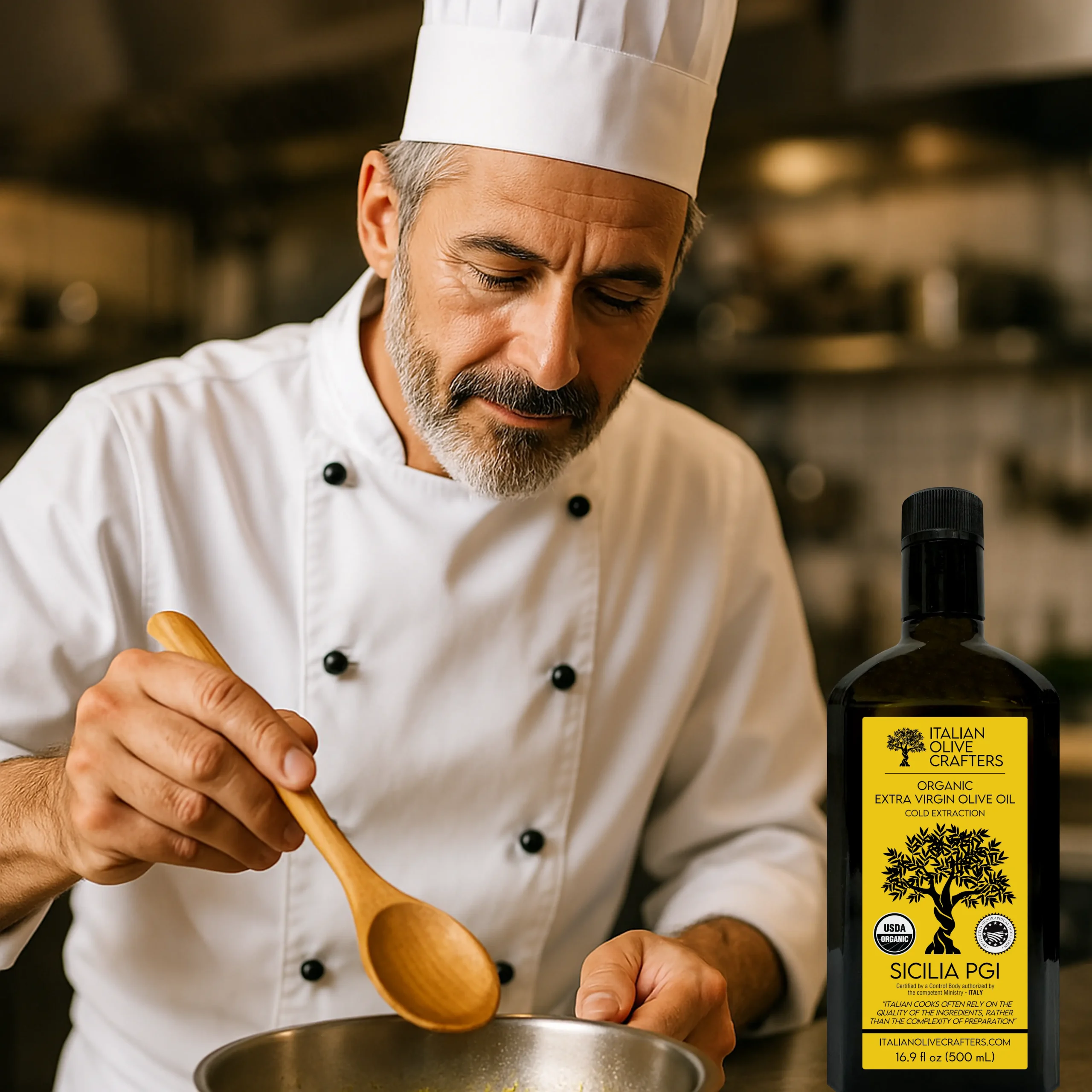 Decorative Image that shows the Bottle of Olive oil next to an Italian Chef