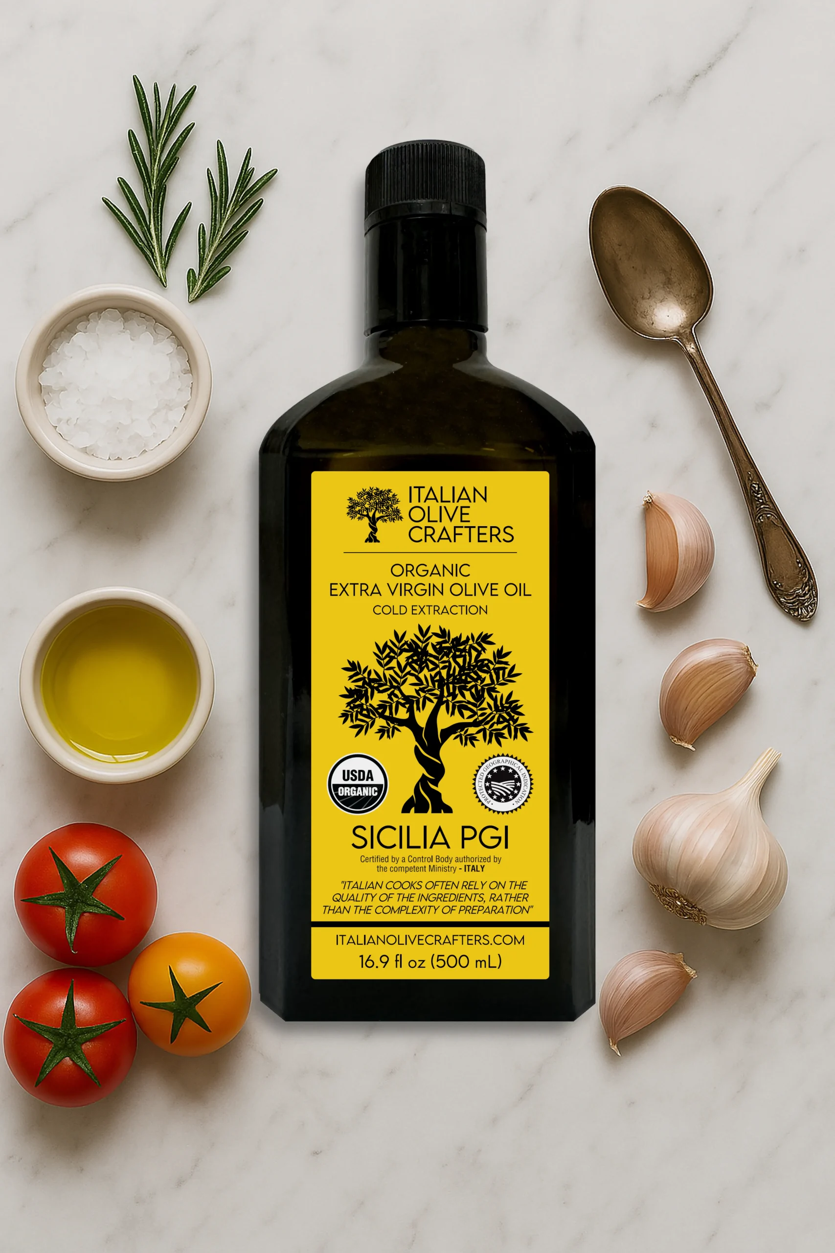 Decorative Image that shows the Bottle of Olive oil on a marble table.