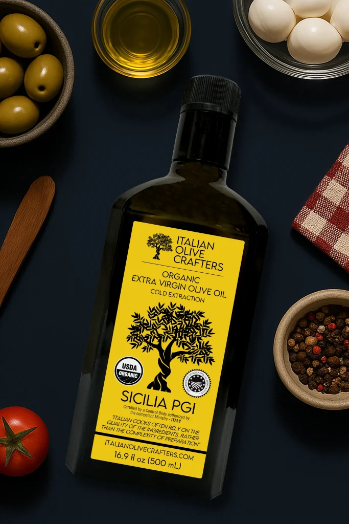 Decorative Image that shows the Bottle of Olive oil on a table