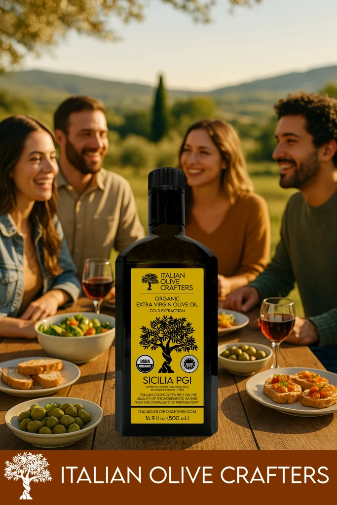 Decorative Image that shows the Bottle of Olive oil next to a group of Friends