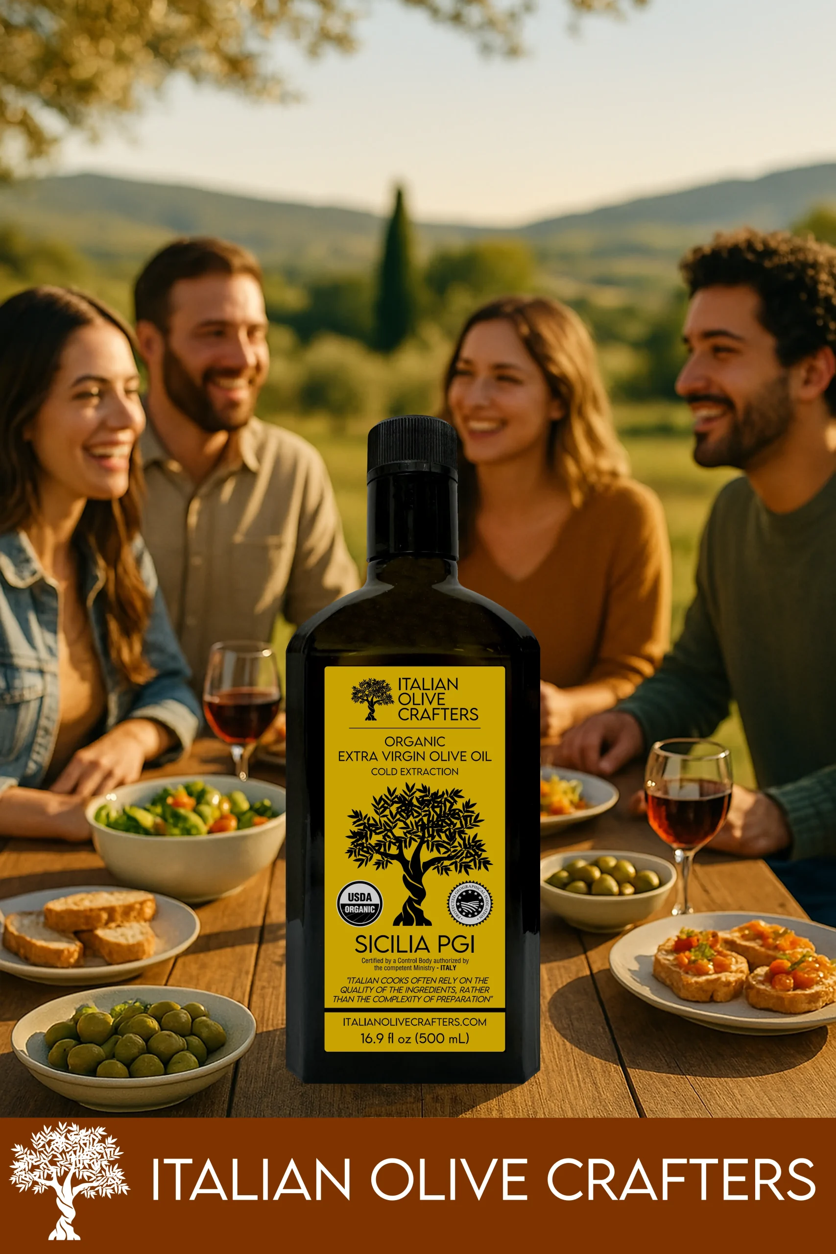 Decorative Image that shows the Bottle of Olive oil next to a group of Friends