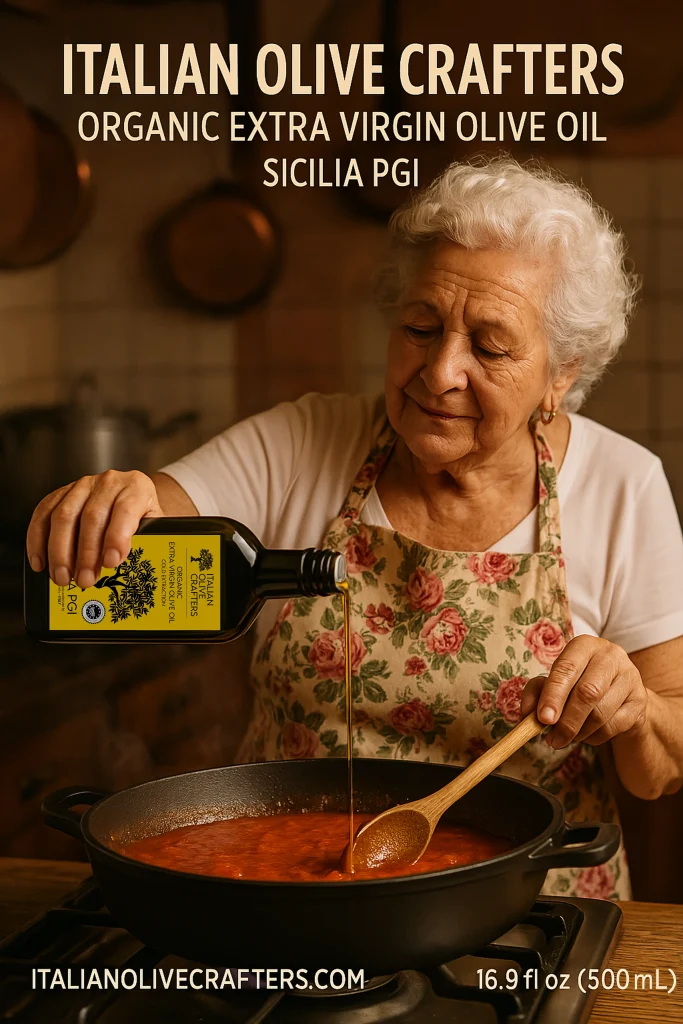 Nonna Pictured while Using Oil Bottle. On the top there is the text: "Italian Olive Crafters" Organic Extra Virgin Olive Oil Sicilia PGI On the bottom: Italianolivecrafters.com Net 16 fl oz. 500ml