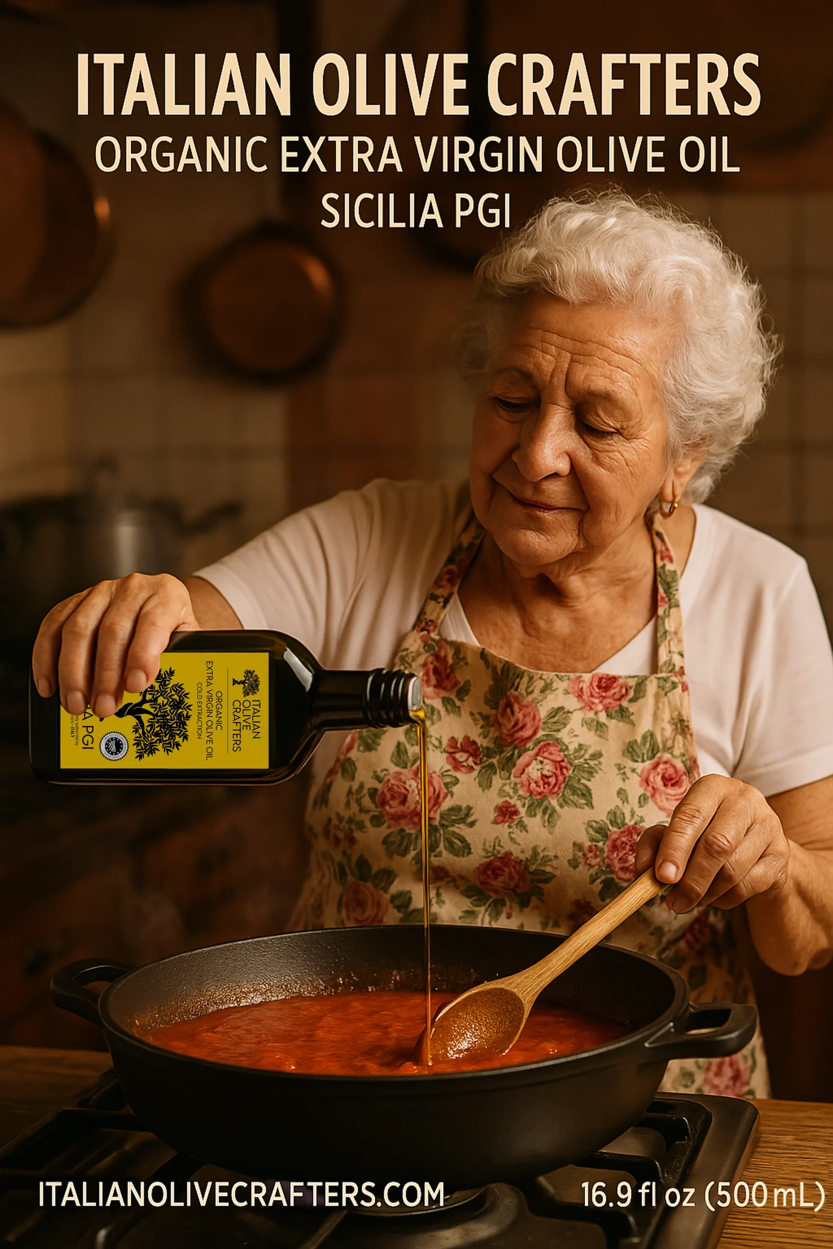 Nonna Pictured while Using Oil Bottle. On the top there is the text: "Italian Olive Crafters" Organic Extra Virgin Olive Oil Sicilia PGI On the bottom: Italianolivecrafters.com Net 16 fl oz. 500ml