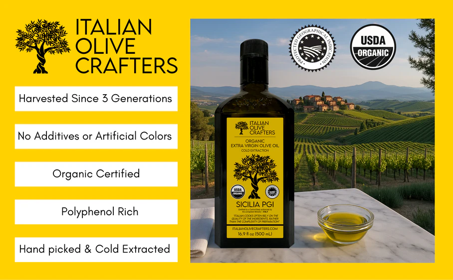 Image describes the Features and Benefits of the olive oil. 1.Harvested Since 3 Generations 2.No Additives or Artificial Colors 3.Organic Certified (USDA logo) 4.Polyphenol Rich 5.Hand Picked and Cold Extracted 6.PGI Logo Displayed (Protected Geographical Indication - Sicily Region Italy)